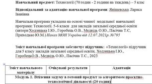 Адаптована навчальна програма  5 класудля дитини ООП з технології (2 години на тиждень)- (авторки Ходзицька І. Ю., Горобець О. В., Медвідь О. Ю., Пасічна Т. С., Приходько Ю. М.)