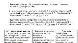 Адаптована навчальна програма  Безпековий практикум для 6 класу для дитини з ООП (16 годин  в 1 семестрі)
