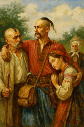 українське село XVII століття, світанок, козак у святковому вбранні вирушає на Січ, його проводжають родина, дівчина з вінком, старші з сумом і гордістю, на тлі церкви, хати, верби, емоційна сцена прощання