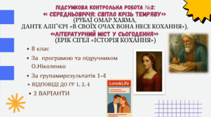 КОМПЛЕКСНА ПІДСУМКОВА КОНТРОЛЬНА РОБОТА №2 (4 групи результатів) із зарубіжної літератури для 8 класу за розділом: "СЕРЕДНЬОВІЧЧЯ: СВІТЛО КРІЗЬ ТЕМРЯВУ"