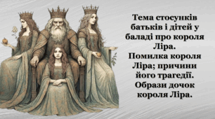 Тема стосунків батьків і дітей у баладі про короля Ліра. Помилка короля Ліра; причини його трагедії. Образи дочок короля Ліра. Моральні вади Реґани й Ґонґорелли. Любов Корделії. Король Лір як символічна постать і «вічний образ» світової літератури