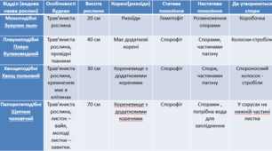 ПОРІВНЯННЯ БУДОВИ РІЗНИХ ПРЕДСТАВНИКІВ ВИЩИХ СПОРОВИХ РОСЛИН практична робота