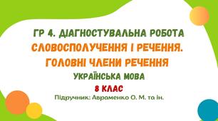 ГР 4. Діагностувальна робота №2. Словосполучення і речення. Головні члени речення. Українська мова. 8 клас НУШ (підручник: Авраменко О. М.)