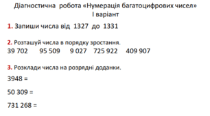Діагностична робота з математики для 4 класу  з теми «Нумерація багатоцифрових чисел»
