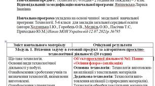 Модифікована  навчальна програма з технології 5 клас для дитини ООП (2 години на тиждень) - (авторки Ходзицька І. Ю., Горобець О. В., Медвідь О. Ю., Пасічна Т. С., Приходько Ю. М.)