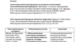 Адаптована навчальна програма з мистецтва  5 клас для дитини з ООП (2 години на тиждень)- (автори: Масол Л. М., Просіна О. В.)