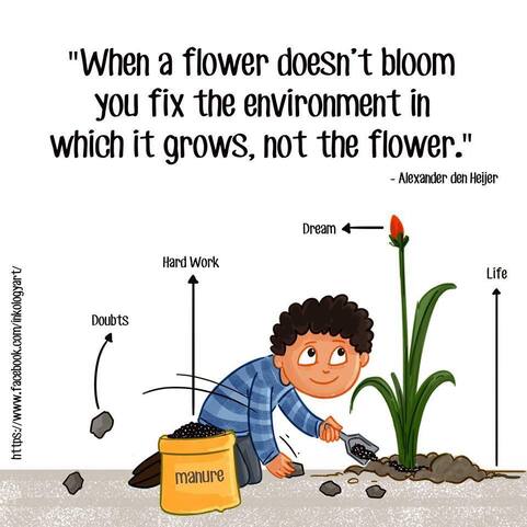 Можливо, це малюнок: квітка та текст «"When a flower doesn't bloom you fix the environment in which it grows, not the flower." -Alexander den Heijer Dream Hard Work Doubts Life AA a manure»