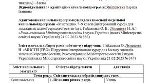 Адаптована навчальна програма з мистецтва 8 клас для дитини з ООП (1 година на тиждень)- (авт. Гайдамака О. В., Лємешева Н. А.)