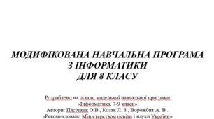 Модифікована навчальна програма для 8 класу з інформатики до підручника І. Тріщук, 52 год/рік ( 4 рівень підтримки)