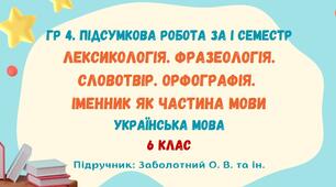 ГР 4. Підсумкова робота за І семестр. Лексикологія. Фразеологія. Словотвір. Іменник як частина мови. Українська мова. 6 клас НУШ (підручник: Заболотний О. В. та ін.)