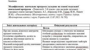 Модифікована навчальна програма 5 клас з технології для дитини ООП (2 години на тиждень) - (автори Терещук А.І., Абрамова О.В., Гащак В.М., Павич Н.М.)