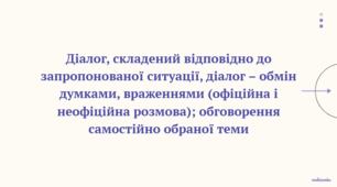 Діалог, складений відповідно до запропонованої ситуації, діалог – обмін думками, враженнями (офіційна і неофіційна розмова); обговорення самостійно обраної теми