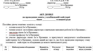 АКТ-ДОЗВІЛ на проведення занять у комбінованій майстерні