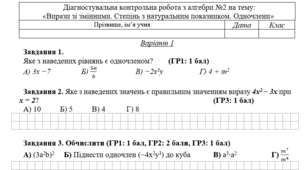 Діагностувальна контрольна робота №2 для 7 класу з алгебри по групах результатів на тему: «Вирази зі змінними. Степінь з натуральним показником. Одночлени».