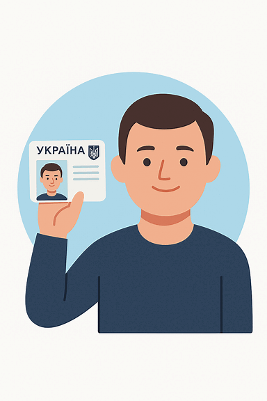 Ілюстрація людини, яка тримає український паспорт або ID-картку, символізуючи громадянство та належність до України. Стиль мінімалістичний, з акцентом на синьо-жовті кольори.