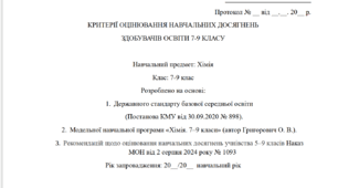 Критерії оцінювання навчальних досягнень здобувачів освіти 7-9 класи. Хімія