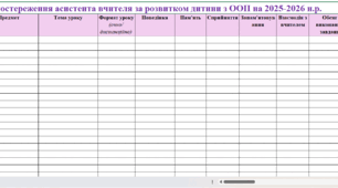 Журнал спостереження асистента вчителя (ексель) 1-11 класи