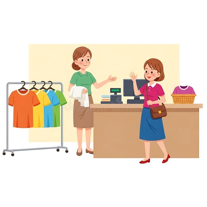 Cartoon Illustration Depicts a Happy Customer Greeting the Shop Assistant in a Clothing Store Stock Illustration - Illustration of rack, apparel: 386784327
