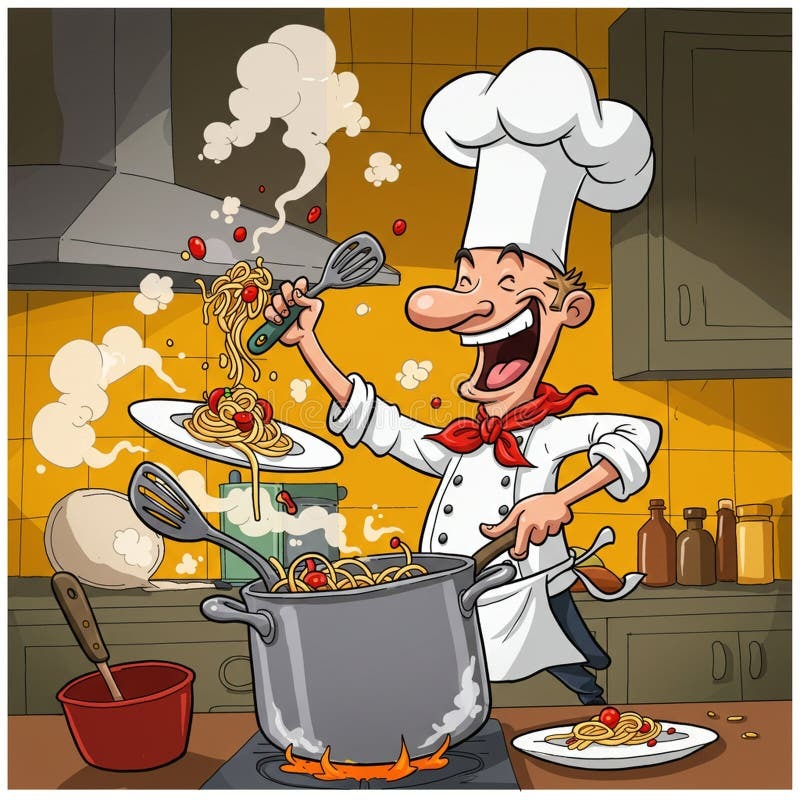 A Cartoon Chef Enthusiastically Prepares Spaghetti in a Bustling Kitchen. the Chef Stock Illustration - Illustration of spaghetti, tomatoes: 372207231