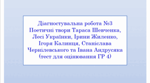 Діагностувальна робота №3. Поетичні твори Тараса Шевченка, Лесі Українки, Ірини Жиленко, Ігоря Калинця, Станіслава Чернілевського та Івана Андрусяка (тест для оцінювання ГР 4)