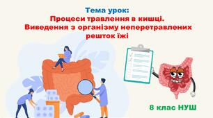 Презентація з біології: "Процеси травлення в кишці.  Виведення з організму неперетравлених решток їжі." 8 клас НУШ