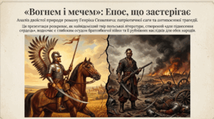 «Вогнем і мечем». Історичні битви; український і польський табори у творі. Осуд спустошувальної війни й ворожнечі між сусідніми країнами в романі.