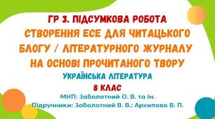 ГР 3. Підсумкова робота. Створення есе для читацького блогу / літературного журналу на основі прочитаного твору. Українська література. 8 клас НУШ (МНП: Заболотний О. В.)