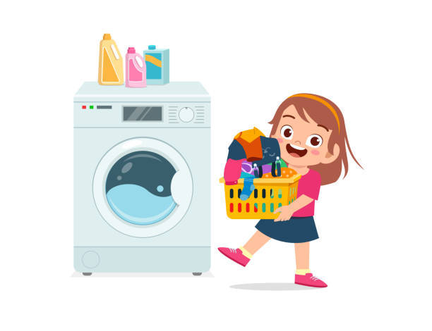Happy Cute Kid Do Laundry With Washing Machine Stock Illustration - Download Image Now - Child, Washing Machine, Friendship - iStock