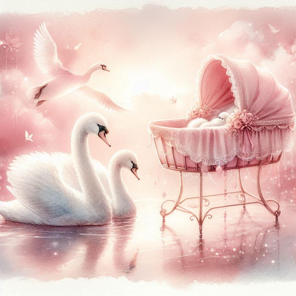 Two gentle pink swans floating near a baby’s cradle, as if singing a lullaby, soft and tender atmosphere, delicate pink tones, calm and peaceful, soft lighting, dreamy and warm, watercolor or semi-realistic style, inspired by the poem 'Лебеді материнства'"