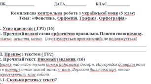 Комплексна контрольна робота з української мови 5 клас. Узагальнення й систематизація вивченого за темою «Фонетика. Орфоепія. Графіка. Орфографія».