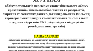 ЖУРНАЛ обліку результатів перевірки стану військового обліку призовників, військовозобов’язаних та резервістів, звіряння їх облікових даних з даними районних (міських) ТЦК та СП