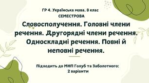 ГР 4. Підсумкова робота. Українська мова. 8 клас. За І семестр.  Підходить до МНП Голуб та Заболотного. ПЕРЕВІРЕНО!!! 2 варіанти