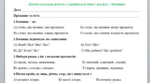 Діагностувальна робота з української мови. Іменник 2 клас
