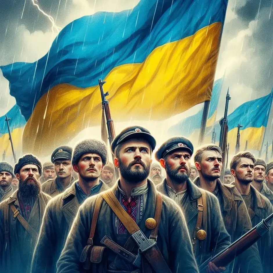 Українські борці за свободу початку ХХ століття стоять разом під синьо-жовтим прапором. Вони зображені як узагальнений образ народу: мужні, рішучі, зосереджені. На їхніх обличчях — сила духу, відповідальність і готовність до боротьби. Прапор майорить на вітрі, небо похмуре, але з проривами світла. Атмосфера піднесена, урочиста, маршова. Стиль — реалістична художня ілюстрація, без конкретних історичних осіб, без зброї крупним планом, без сцен насильства. Колористика стримана,