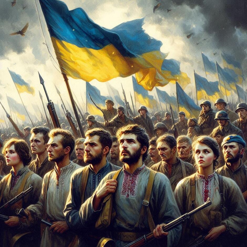 Українські борці за свободу початку ХХ століття стоять разом під синьо-жовтим прапором. Вони зображені як узагальнений образ народу: мужні, рішучі, зосереджені. На їхніх обличчях — сила духу, відповідальність і готовність до боротьби. Прапор майорить на вітрі, небо похмуре, але з проривами світла. Атмосфера піднесена, урочиста, маршова. Стиль — реалістична художня ілюстрація, без конкретних історичних осіб, без зброї крупним планом, без сцен насильства. Колористика стримана,