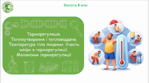 Презентація, конспект уроку та робочі аркуші на тему "Терморегуляція. Теплоутворення і тепловіддача. Температура тіла людини. Участь шкіри в терморегуляції. Механізми терморегуляції". 8 клас НУШ