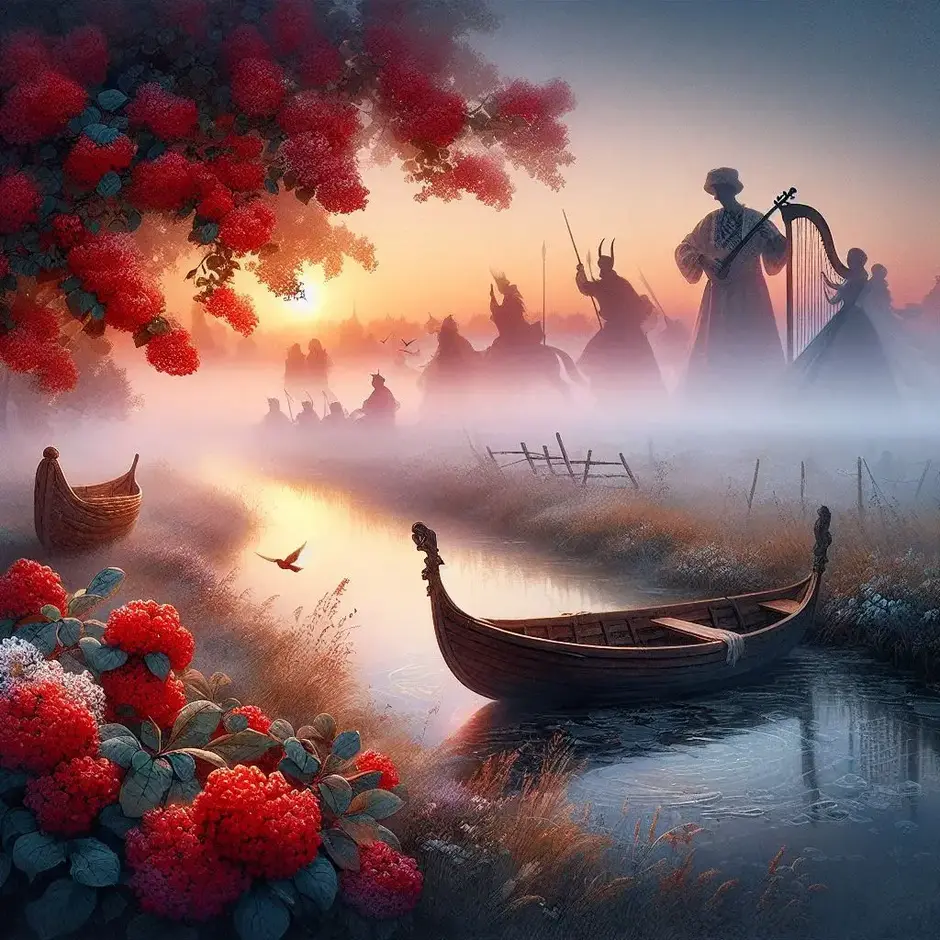 Промпт: A peaceful Ukrainian landscape at sunset. A red viburnum bush near a river, a wooden boat, and a silhouette of a person playing a flute or bandura. Ghostly, transparent images of historical figures (knights and cossacks) appearing in the evening mist over the fields. Soft focus, watercolor painting style, emotional and nostalgic mood.