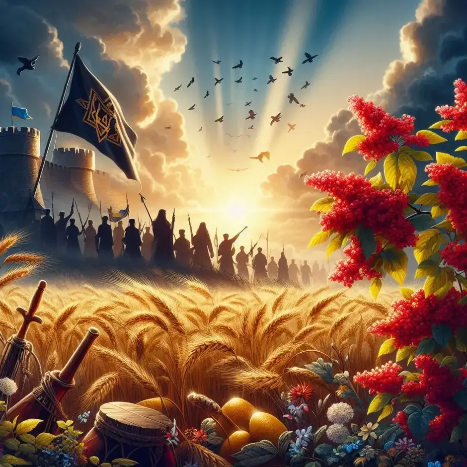 Промпт: Epic cinematic illustration representing Ukrainian history and spirit. In the background, silhouettes of Cossacks with a fortress and a waving ancient battle flag (khoruhva). In the foreground, a flowering red viburnum (kalyna) branch and a traditional musical instrument kobza. Sunlight breaking through dramatic clouds, golden wheat fields under a blue sky. High detail, 4k, folk art elements, digital art style.