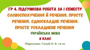 ГР 4. Підсумкова робота за І семестр. Словосполучення й речення. Просте речення. Односкладне речення. Просте ускладнене речення. Українська мова. 8 клас НУШ (підручник: Голуб Н. Б. та ін.)