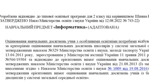 Адаптована програма за Шиян 2 клас («Інформатика»)