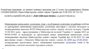 Адаптована програма за Шиян 1-2 клас («Англійська мова»)