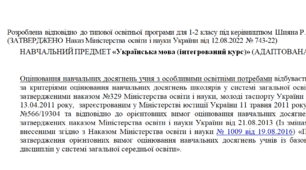Адаптована програма за Шиян 1-2 клас «Українська мова (інтегрований курс)»