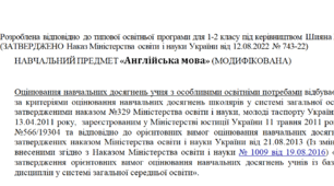 Модифікована програма за Шиян 1-2 клас («Англійська мова»)