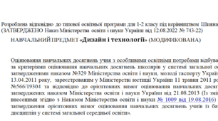 Модифікована програма за Шиян 1-2 клас («Дизайн і технології»)