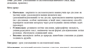 Конспект уроку, матеріали. Дієслово: узагальнення та систематизація вивченого (часи, види, дієвідміни, правопис).