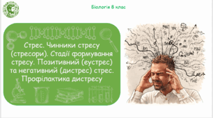 Презентація, конспект уроку та робочі аркуші на тему "Стрес. Чинники стресу (стресори). Стадії формування стресу. Позитивний (еустрес) та негативний (дистрес) стрес. Профілактика дистресу". 8 клас НУШ