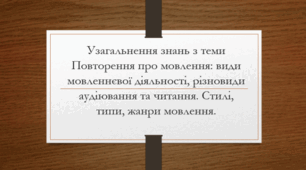 Узагальнення знань з теми Повторення про мовлення: види мовленнєвої діяльності, різновиди аудіювання та читання. Стилі, типи, жанри мовлення.