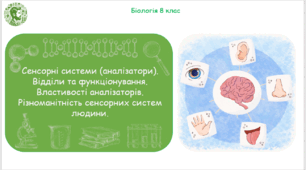 Презентація, конспект уроку та робочі аркуші на тему "Сенсорні системи (аналізатори). Відділи та функціонування. Властивості аналізаторів. Різноманітність сенсорних систем людини". 8 клас НУШ