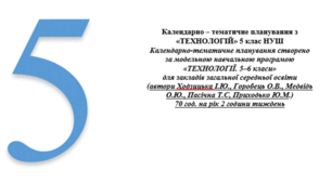 Календарно -тематичне планування 5 клас НУШ Технології на І-ІІ семестр.