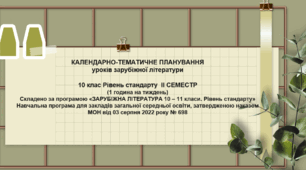 КАЛЕНДАРНО-ТЕМАТИЧНЕ ПЛАНУВАННЯ уроків зарубіжної літератури 10 клас Рівень стандарту  ІІ СЕМЕСТР (1 година на тиждень)